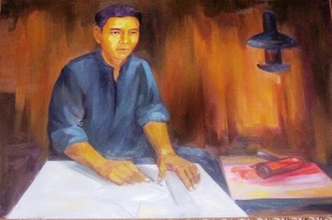 Description: Chân dung liệt sĩ Nguyễn Hữu Tiến đang ngồi vẽ cờ (tác phẩm của cố nhạc sĩ Văn Cao).